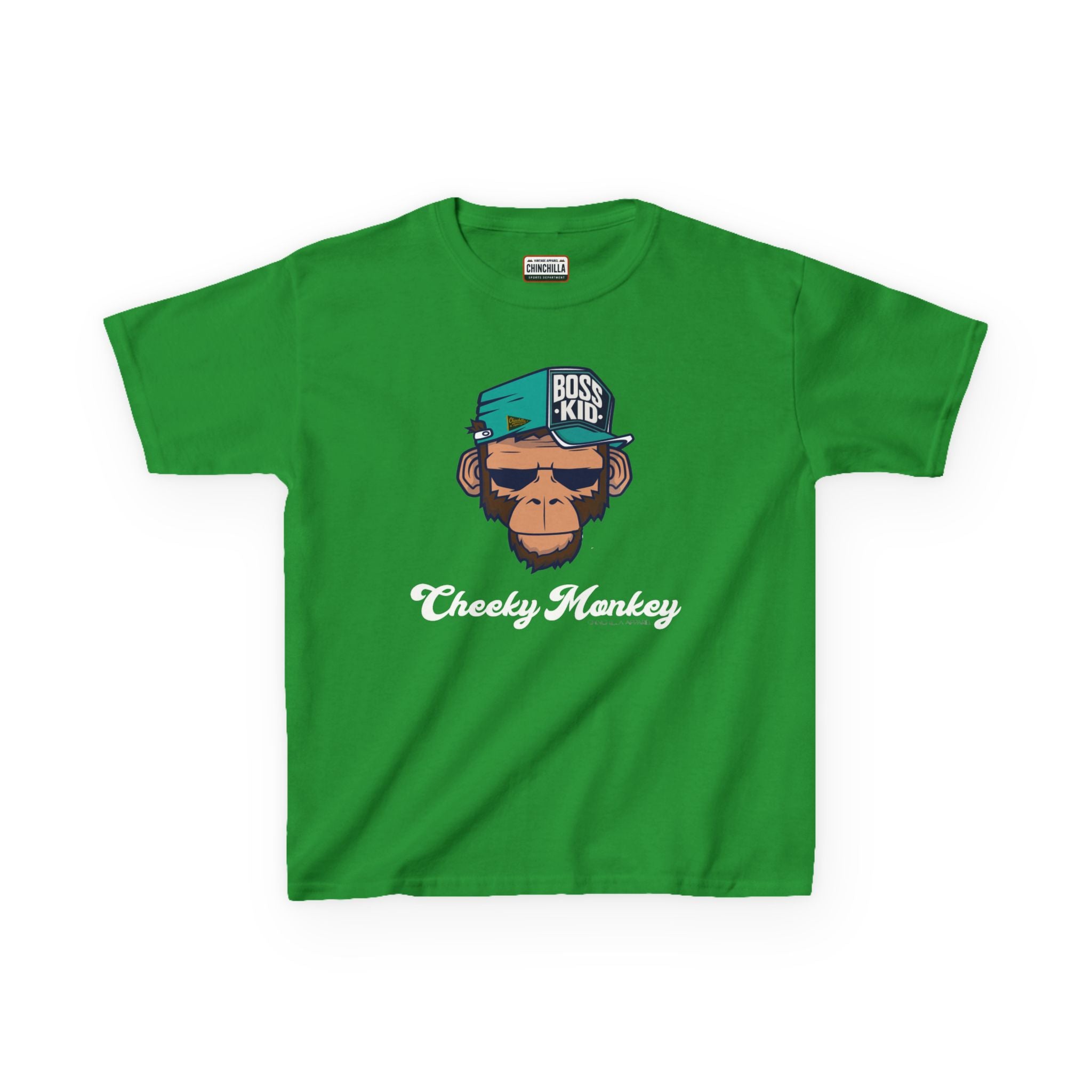 Green t-shirt with monkey graphic and text on a white background
